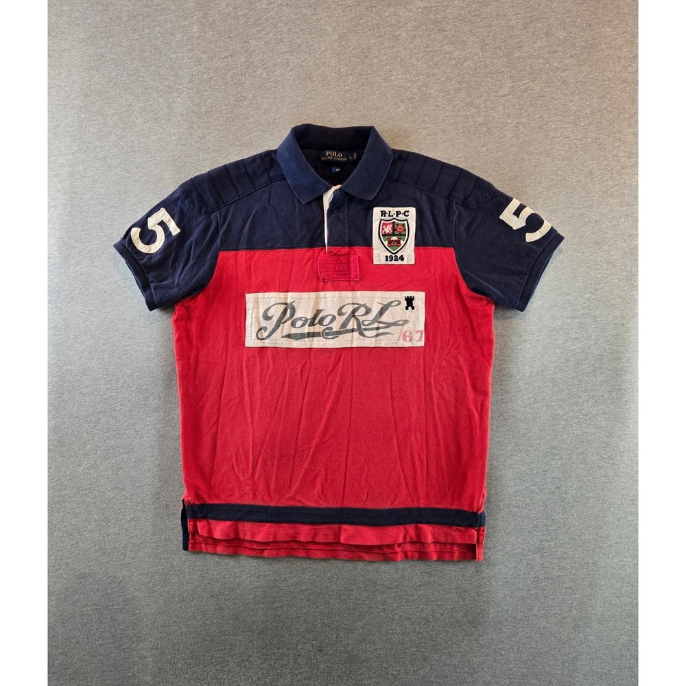 Polo Ralph Lauren Polo Shirt Mens L Red Navy Colorblock Patch Custom Fit RLPC